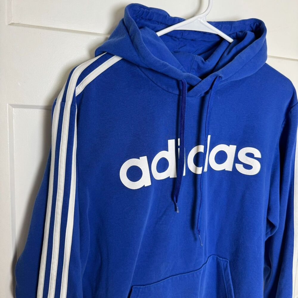 Adidas Hoodie Mens Large L Bright Blue White Spell Out Logo 3 Stripes Sweatshirt